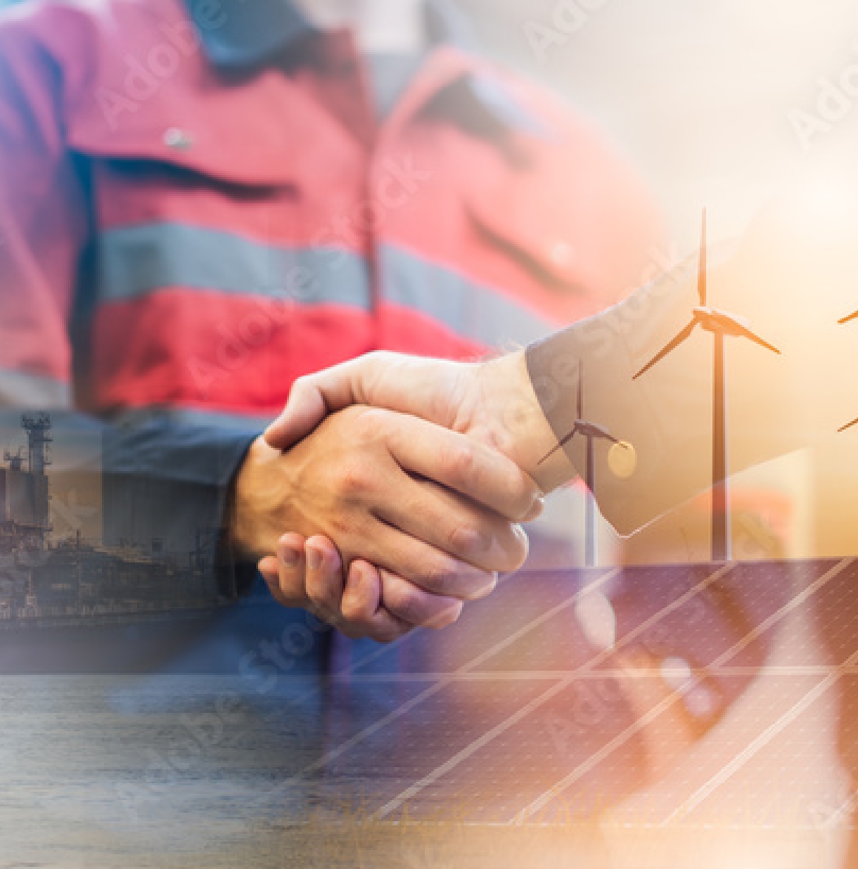 Handschlag vor einer Windkraftanlage